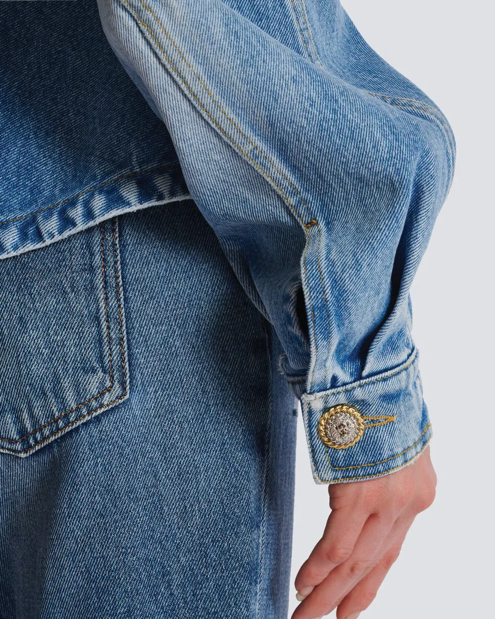 Ruffled Denim Jacket in Bleu