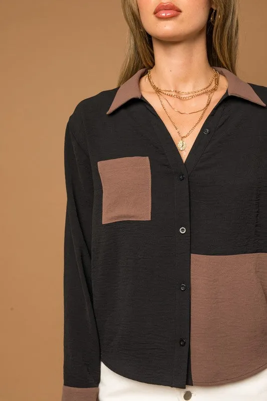 TEEK - BLACK-BROWN Long Sleeve Contrast Button Down Top
